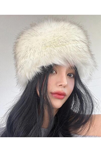 BAHELS Trend Kırçıllı Beyaz Peluş Kürk Kalpak Şapka ( Kırçıllı beyaz )