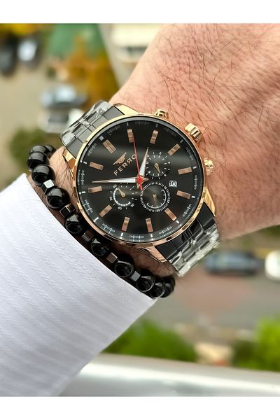 FERRO Steel Cord VIP Model Black Color Functions Active Men's Wristwatch Bracelet