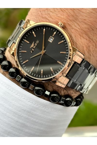 FERRO Functions Active Black Steel Strap Men's Wristwatch + bracelet