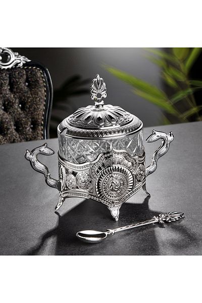 MOS'EV Silver Metal Lid Glass Sugar Bowl with Spoon