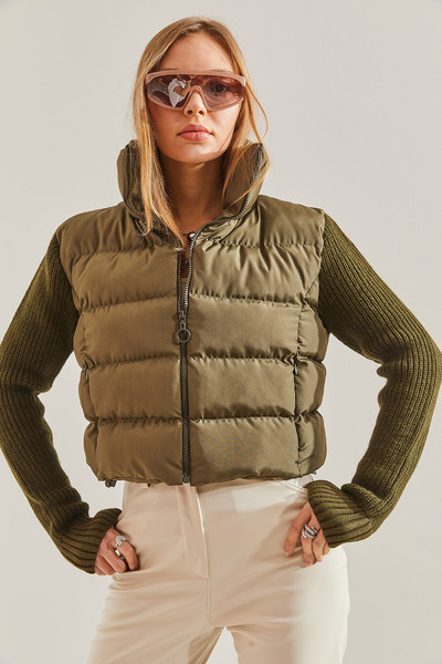 Bianco Lucci Women's Knitwear Sleeve Judge Collar Puffer Coat