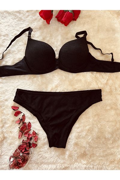 Lunary Light Supported Knitted Patterned Black Bra Panties Set - Women's Underwear