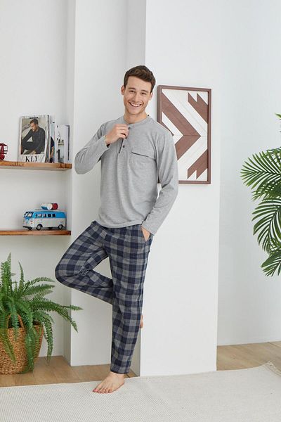 KLY PİJAMA KLY 6008 Half Button Plaid Medium Thick Pajamas Set