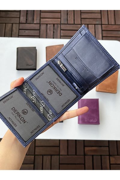 DERKON Monaco Genuine Crazy Leather Wallet Navy Blue Color