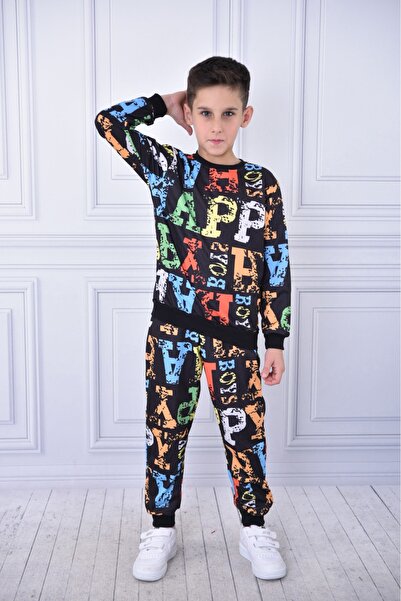 BUUFUU Boy's Winter Text Digital Printed Long Sleeve Bottom Top Double Set