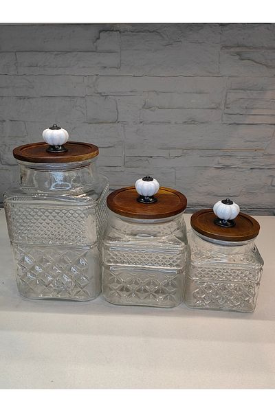 ALANYA HOME DECOR ACACIA WOOD LID 3 PIECE JAR SET (520+1100+2000ML)ACACIA WOOD LID 3 PIECE JAR SET