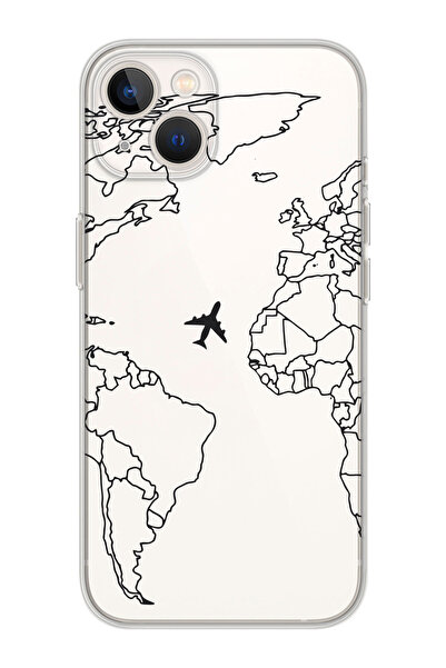 shoptocase Iphone 13 Şeffaf Çizgisel Dünya Haritası Desenli Koyu Renk Telefon...
