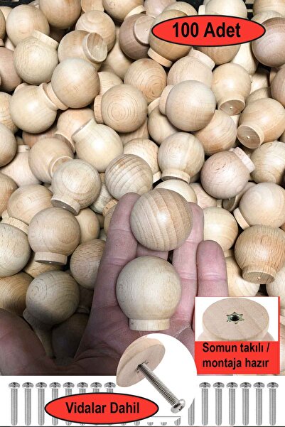 deepowls 100 Adet Ahşap Top Kulp 37mm çapında Doğal Kayın Agacı Çekmece Dolap...