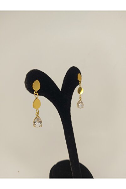 Romea Yapraklı, Taşlı Altın Rengi Sallanan Paslanmaz Çelik Küpe