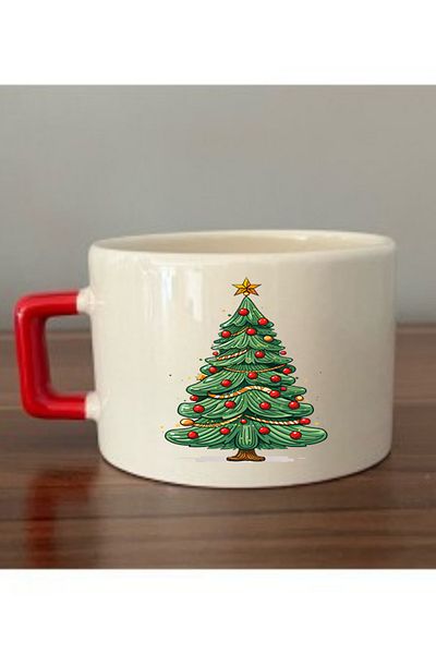 lili hediyelik New Year's Gift Cup with Red Handle with Christmas Tree Image