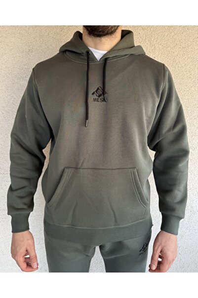 Mesh Unisex Sweatshirt Tracksuit Set, Soft Fabric Khaki Black Embroidered Cotton 3 Thread Raster