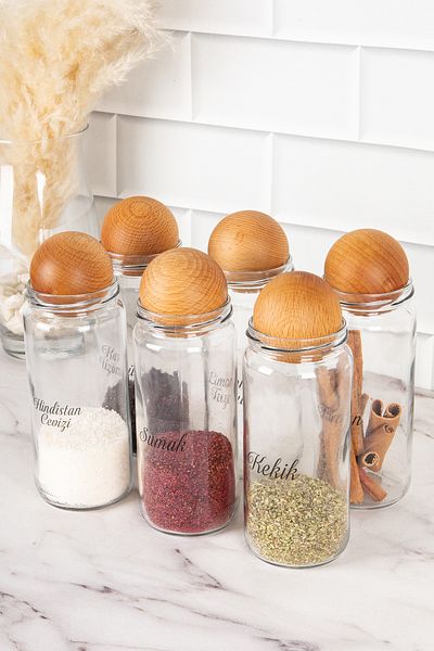 DNS HOME Set of 6 Glass Jars with Wooden Ball Lids and Spice Jar Set with Transparent Label Gift 500 ml
