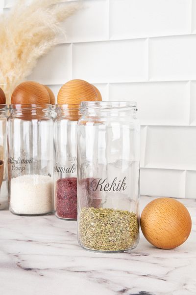 DNS HOME Set of 6 Glass Jars with Wooden Ball Lids and Spice Jar Set with Transparent Label Gift 500 ml