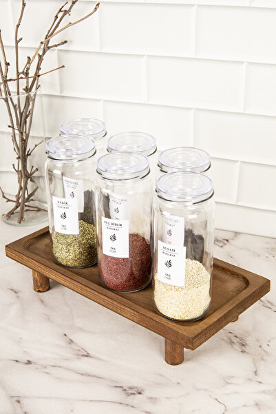 DNS HOME 6-Piece Glass Spice Rack Set with Transparent Lid Wooden Stand Storage Container Spice Rack with Label 500 ml