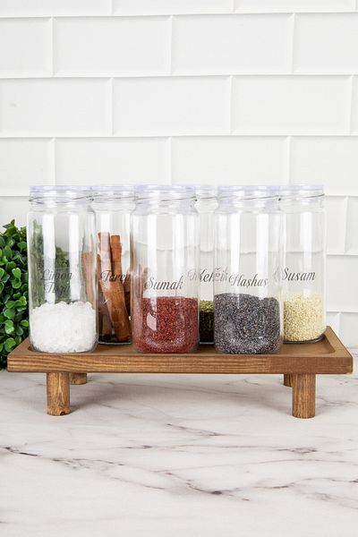 DNS HOME 6-Piece Glass Spice Rack Set with Transparent Lid Wooden Stand Storage Container Spice Rack with Label 500 ml