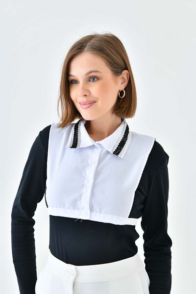 mirach Leather and Lace Detailed White Shirt Collar Half Shirt Crop Shirt Elastic Sleeveless