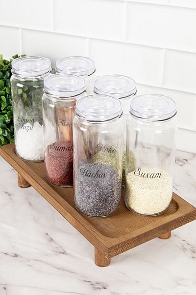 DNS HOME 6-Piece Glass Spice Rack Set with Transparent Lid Wooden Stand Storage Container Spice Rack with Label 500 ml