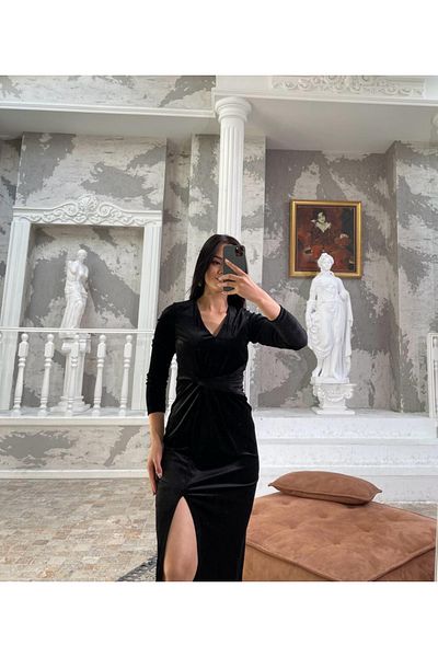 ADASTYLE Rochie din catifea cu decolteu in V, detaliu in talie, vilyur don, rochie