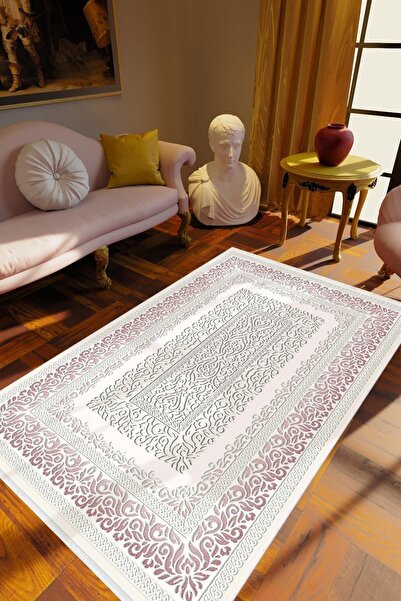 10 Post Online Salon Halısı Klasik Beyaz Gri Mor Kaydırmaz Kesme Yıkanabilir Ince Halı Tüysüz Kilim