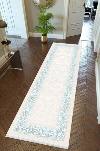 10 Post Online Сив Екру Син Неплъзгащ се - Измиваем тънък килим за коридор с дигитален печат