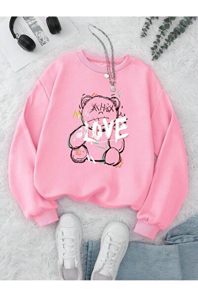 OVER HEAD Hanorac de damă roz Love Teddy Bear imprimat cu gâtul turnat