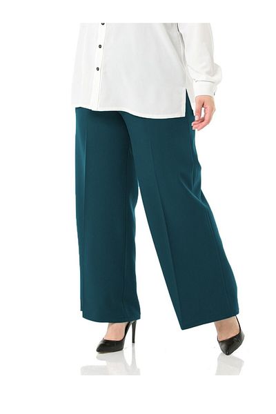 Aşkı Endam Plus Size Mayra Side Pocket Dumbbell Crepe Wide Leg Trousers - Petrol