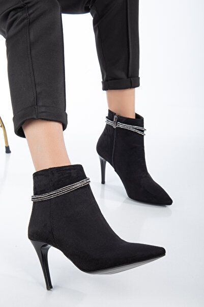 SUENO SHOES Kadın Siyah Süet Taşlı İnce Topuklu Bot