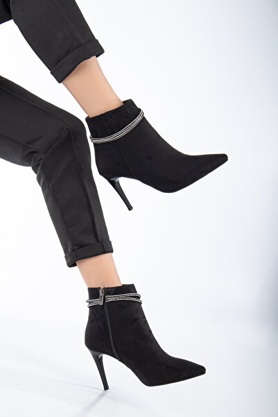 SUENO SHOES Kadın Siyah Süet Taşlı İnce Topuklu Bot