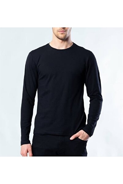 Butik Bisiklet Yaka Uzun Kollu Tişört Likralı Siyah Penye Body