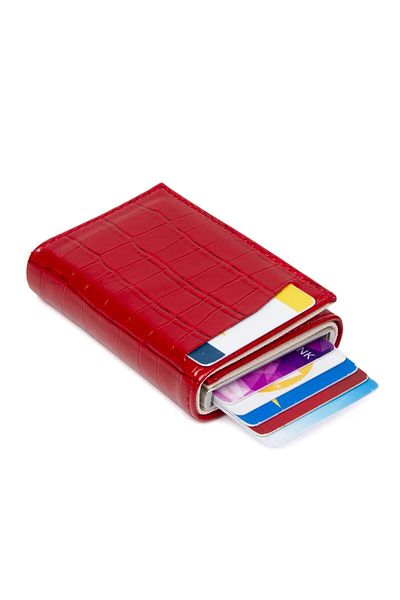 tuldar Red Leather - Wallet with Aluminum Mechanism Automatic Card Holder and Paper Money Compartment