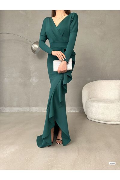modakyra Γυναικείο βραδινό φόρεμα με μακρυμάνικη φούστα με διπλό στήθος από ύφασμα κατάδυσης (πολύχρωμο)
