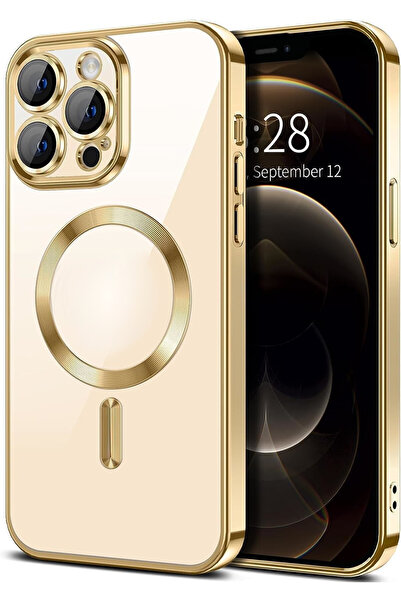 HyperAge Iphone 15 Pro Max Gold Kılıf Kamera Koruma Camlı Magsafe Kablosuz Şarj Renkli Kenarlı Kapak