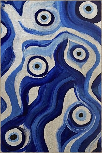 Rugs Modern Halı Mavi Temalı Nazar Boncuğu ve Soyut Dalgalı Desenli Kreatif M...