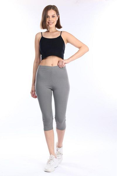 Tight Lady Leggings capri din bumbac pieptănat gri de calitate superioară, lycra, până la genunchi, talie înaltă