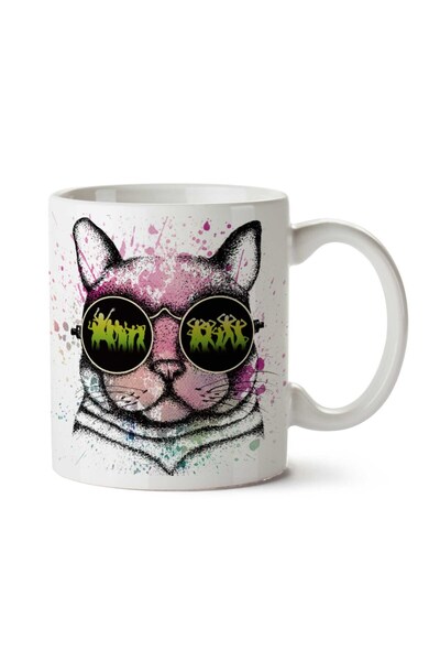 ART HEDİYE Two Sided Printed Mug with Cat Glasses
