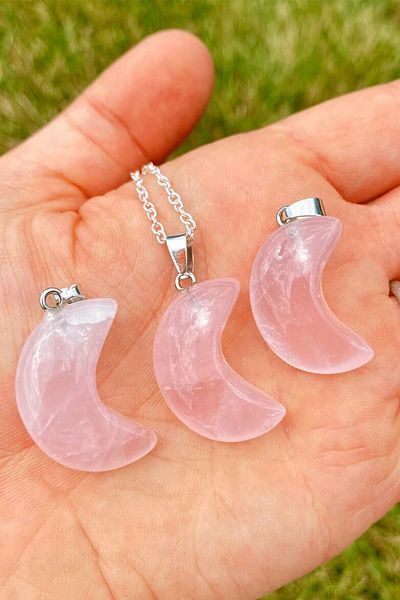 Tesbih Atölyesi Certified Pink Quartz Natural Stone Moon Model Necklace