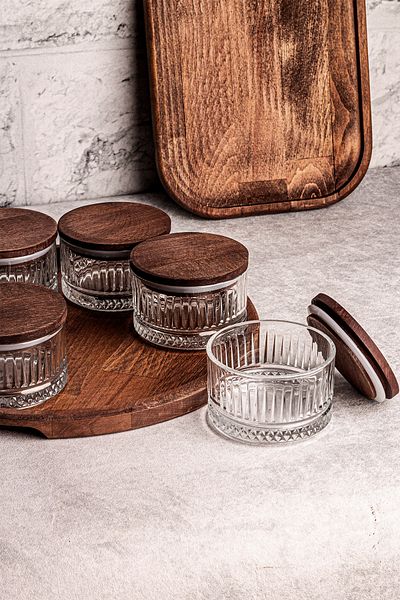 Snippy Bella 6-Piece Wooden Vacuum Lid Glass Breakfast Multi-Purpose Glass Snack Bowl with Tray 235 ml