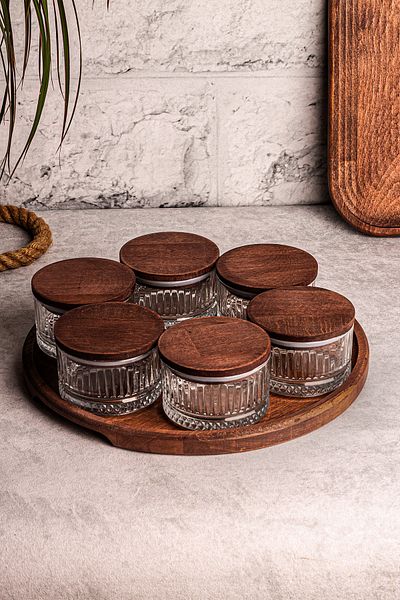 Snippy Bella 6-Piece Wooden Vacuum Lid Glass Breakfast Multi-Purpose Glass Snack Bowl with Tray 235 ml