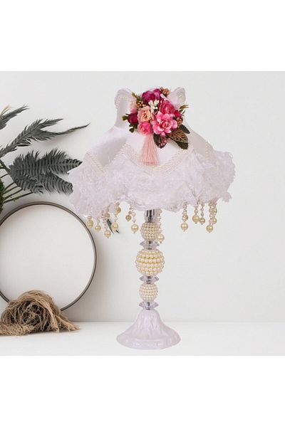 Dekovien Fuchsia Floral Patterned Ecru Velvet - Lace Detailed, Dangling Vintage Lampshade 30x50cm AB1008