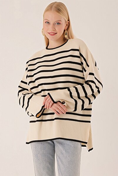 HAKKE Striped Bagel Neck Back Long Oversize Sweater