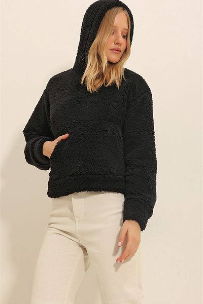 Trend Alaçatı Stili Schwarzes Damen-Sweatshirt mit Kapuze und Kängurutasche aus Plüsch ALC-X11318