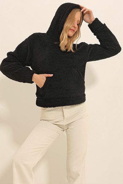 Trend Alaçatı Stili Schwarzes Damen-Sweatshirt mit Kapuze und Kängurutasche aus Plüsch ALC-X11318