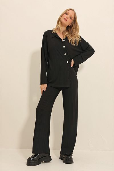 Trend Alaçatı Stili Women's Black Button-Front Knitwear Cardigan and Palazzo Trousers Double Suit ALC-X11323