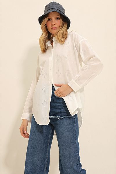 Trend Alaçatı Stili Women's White Motif Oversize Linen Shirt ALC-X11288