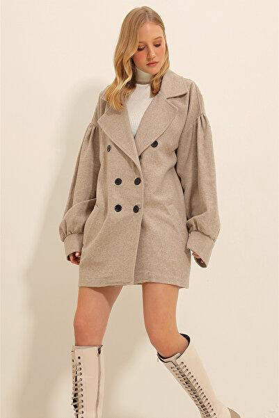 Trend Alaçatı Stili Women's Stone Double Breasted Collar Balloon Sleeve Stash Coat ALC-X10913