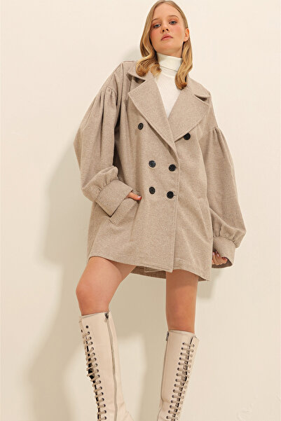 Trend Alaçatı Stili Women's Stone Double Breasted Collar Balloon Sleeve Stash Coat ALC-X10913