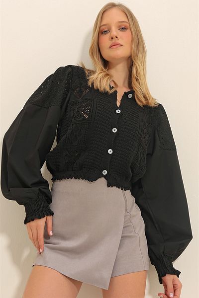 Trend Alaçatı Stili Cardigan negru pentru femei, cu decolteu triplu, cu mâneci ajurate, tricotaj cu feston ALC-X10077