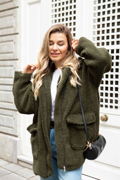 Sue Store Χακί κοντό βελούδινο παλτό