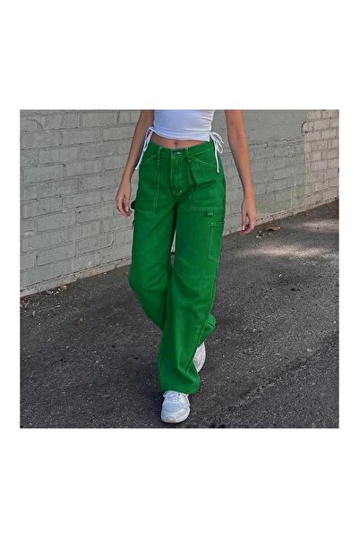 Genel Markalar Y2k Ters Beyaz Dikiş Detaylı Yeşil Kargo Cep Pantolon