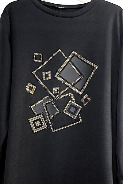 Aşkı Endam Plus Size Yasmin Leather Detailed Square Stone Two Thread Combed Cotton Double Set - Black